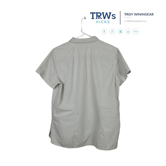 Eddie Bauer Button-Up Shirt Grey White Windowpane Short Sleeve Collar Pocket L - Picture 2 of 5